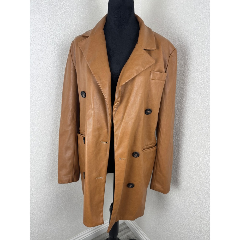 7 For All Mankind Faux Leather Double Breasted Trench Coat Tan Brown S